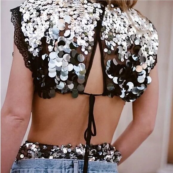 NWT Intimately Free People Main Character Bodysuit Silver Sequence Sz S - Picture 2 of 9